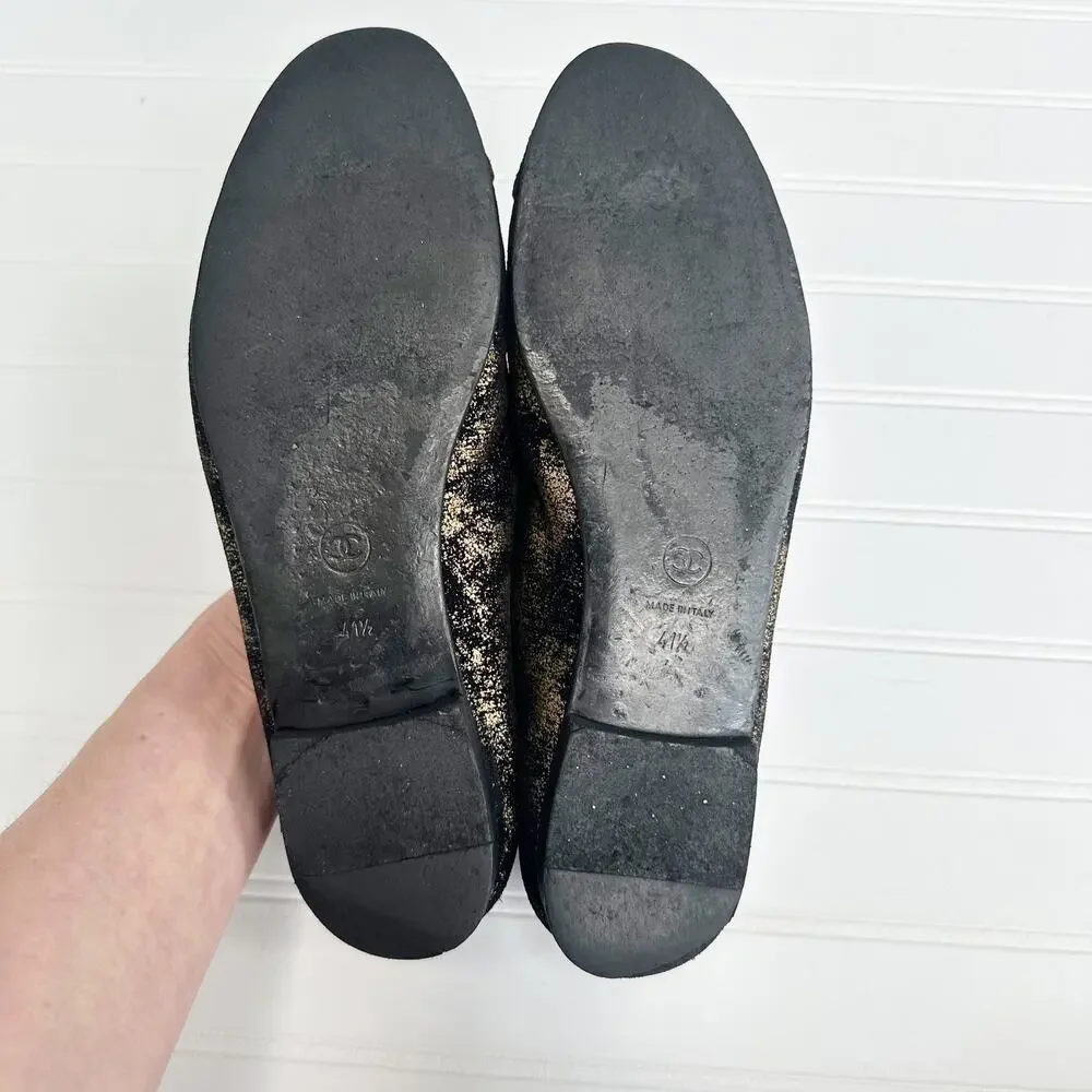 Chanel Ballet Flats Cap Toe CC Black Gold Metallic Suede Leather Ballerina Shoes - Picture 8 of 8